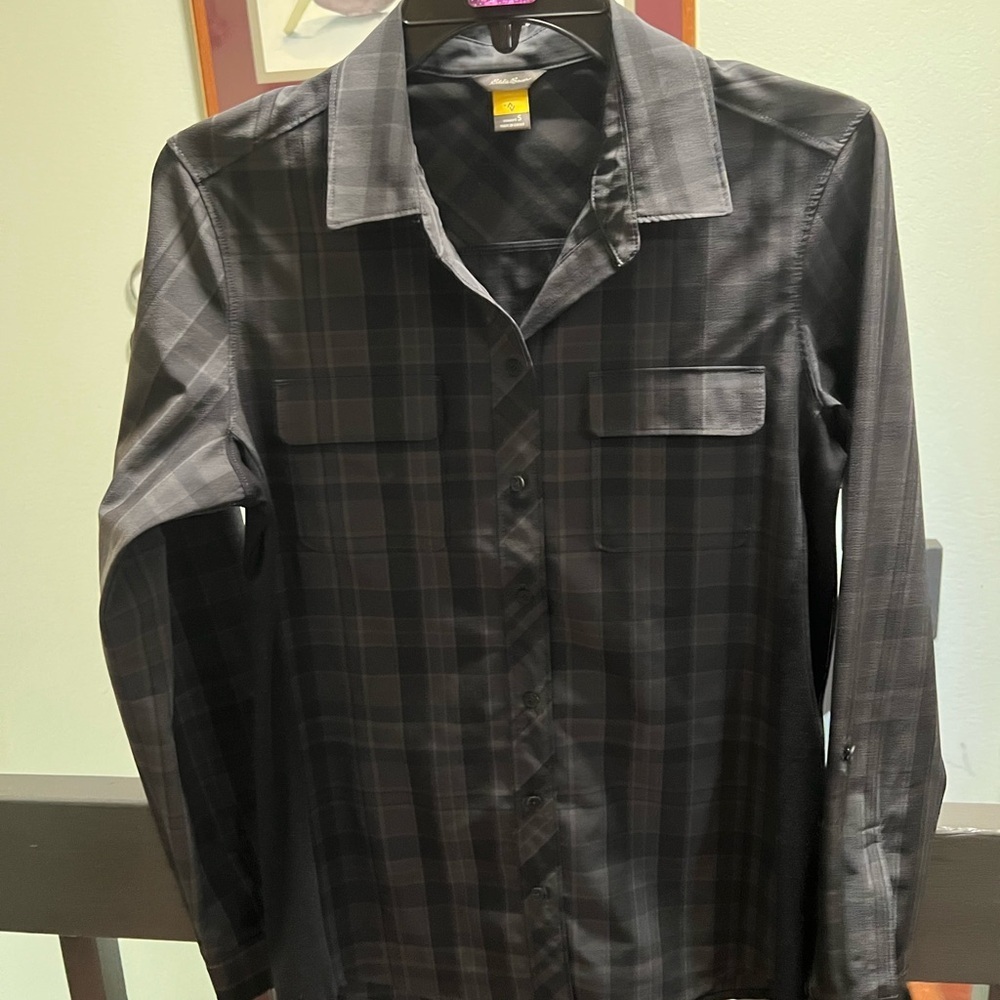 Eddie Bauer Charcoal Plaid Button Down Shirt Small #210
